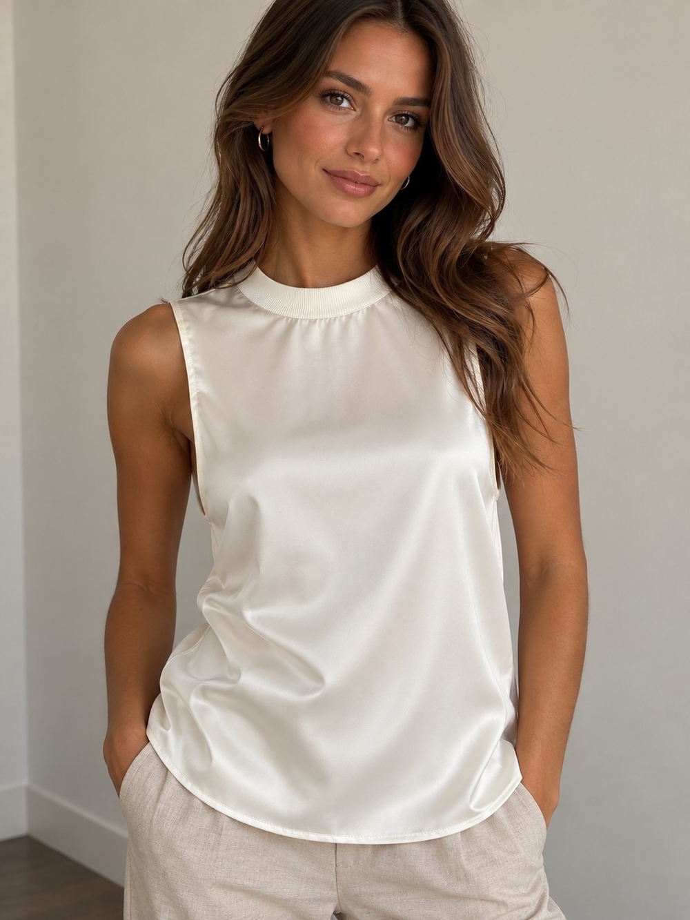 ZARA White Satin Sleeveless Top Ribbed Neck XS
